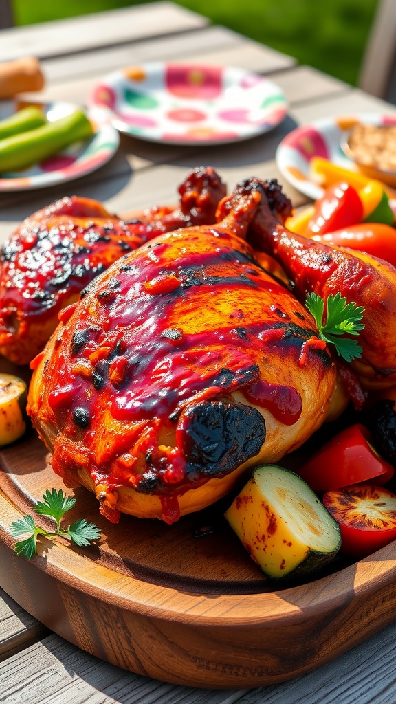Grilled barbecue chicken with glazed skin on a platter with grilled vegetables in an outdoor setting.